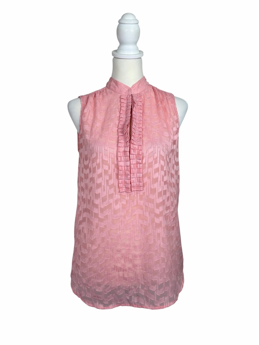 Ann Taylor Pink Ruffle Neck Sleeveless Blouse XS Sheer Textured Top Office